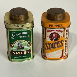 GOOD OLD TIME Salt and Pepper Tin Shakers England Spices Vtg Made in Hong Kong